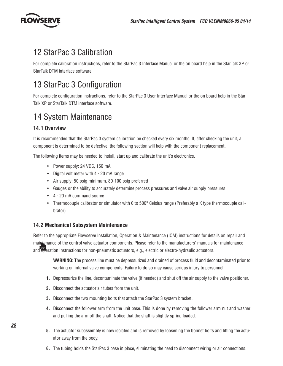 12 starpac 3 calibration, 13 starpac 3 configuration, 14 system maintenance | Flowserve StarPac 3 User Manual | Page 26 / 60