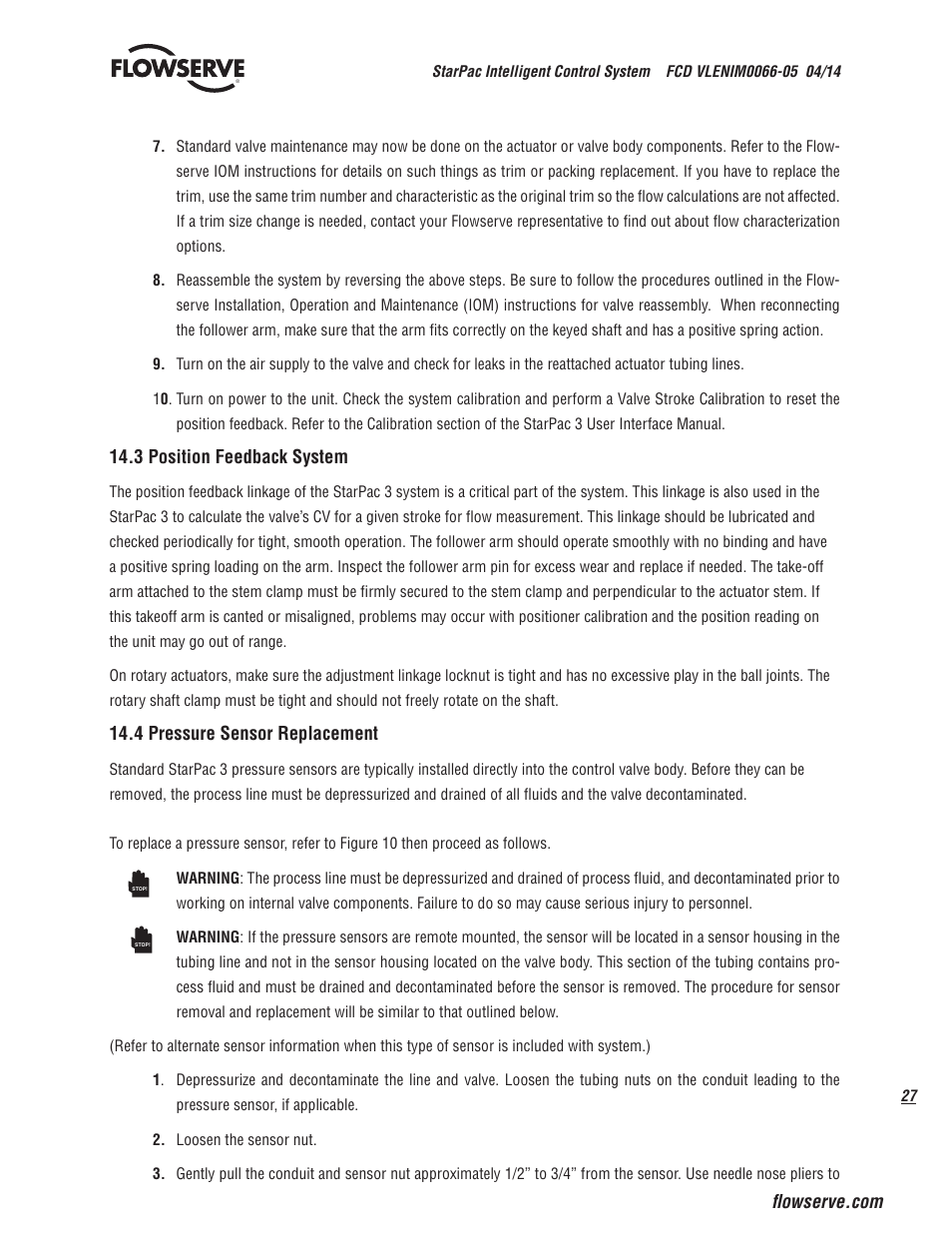 3 position feedback system, 4 pressure sensor replacement | Flowserve StarPac 3 User Manual | Page 27 / 60