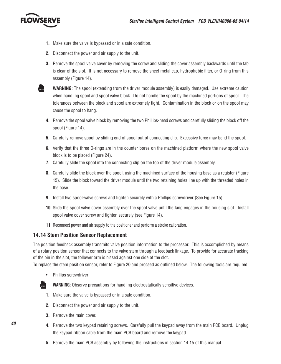 14 stem position sensor replacement | Flowserve StarPac 3 User Manual | Page 40 / 60