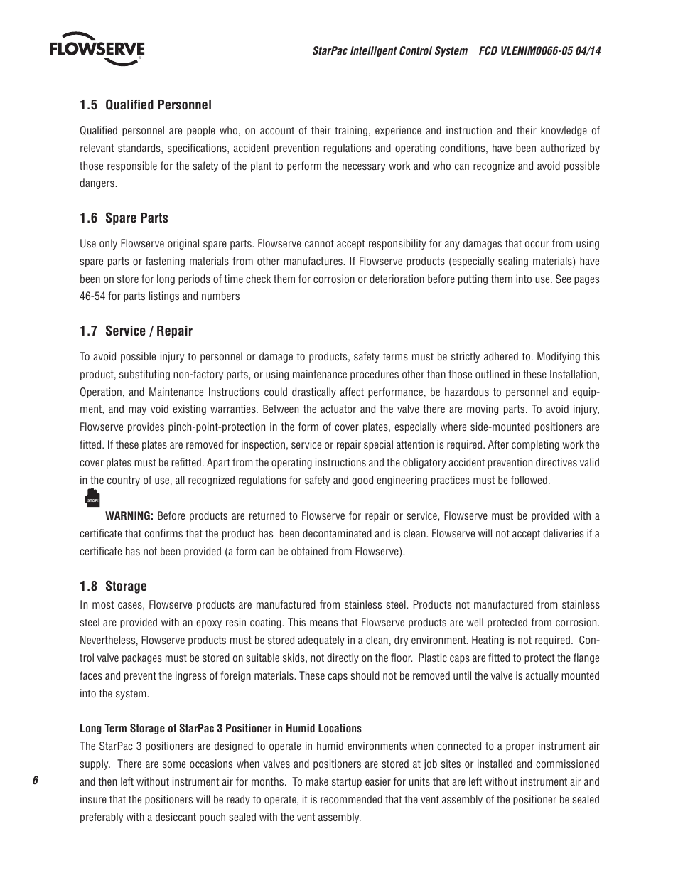 5 qualified personnel, 6 spare parts, 7 service / repair | 8 storage | Flowserve StarPac 3 User Manual | Page 6 / 60