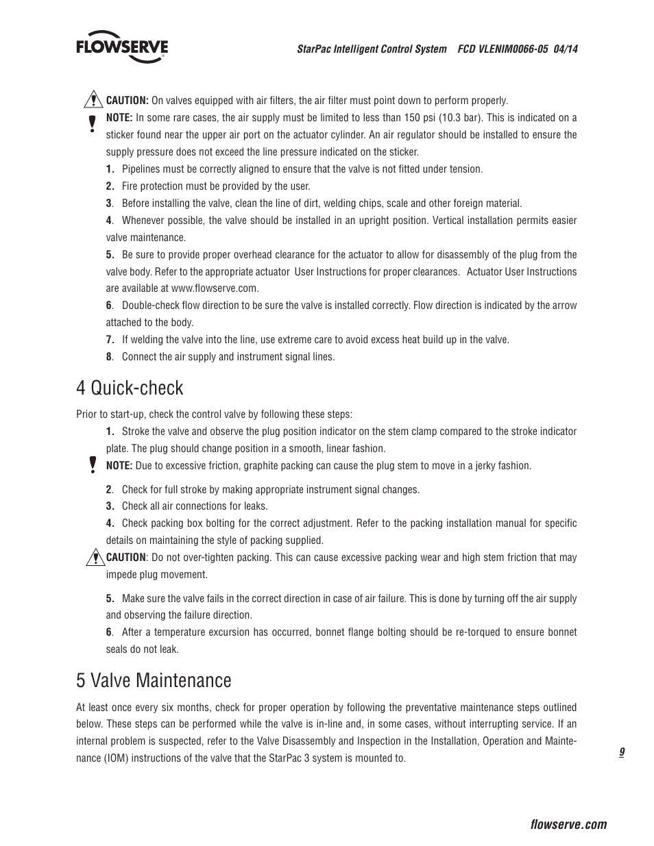 4 quick-check, 5 valve maintenance | Flowserve StarPac 3 User Manual | Page 9 / 60