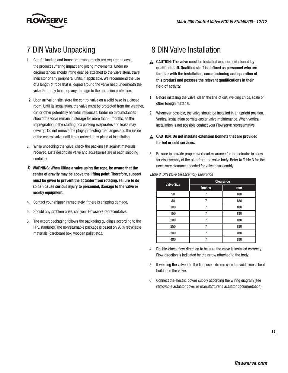 7 din valve unpacking, 8 din valve installation | Flowserve Valtek Mark 200 User Manual | Page 11 / 20