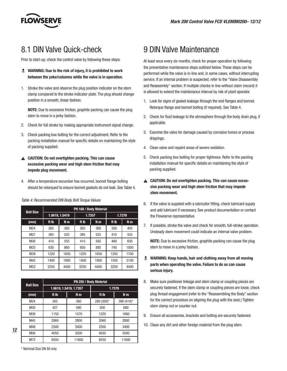 1 din valve quick-check, 9 din valve maintenance | Flowserve Valtek Mark 200 User Manual | Page 12 / 20