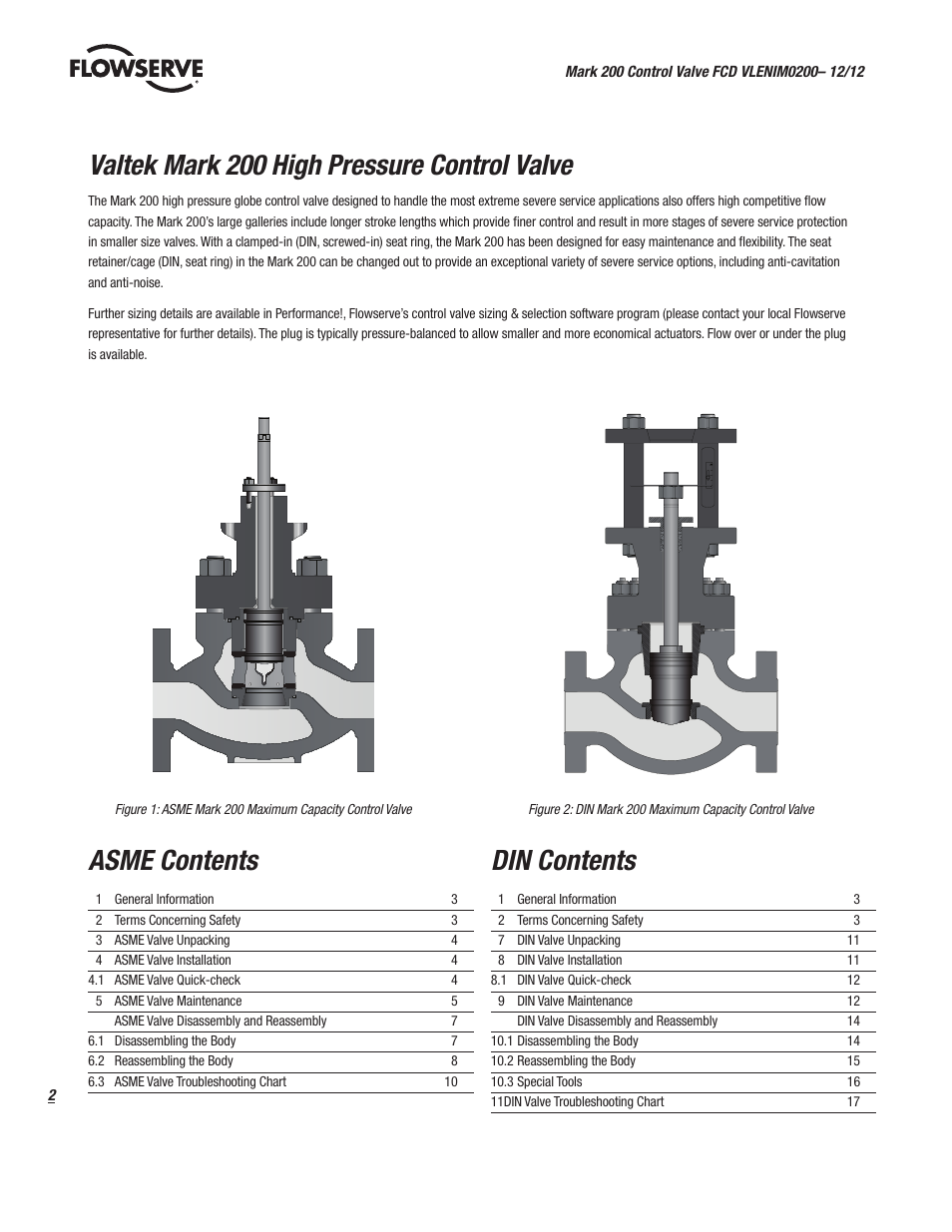 Asme contents, Din contents, Valtek mark 200 high pressure control valve | Flowserve Valtek Mark 200 User Manual | Page 2 / 20