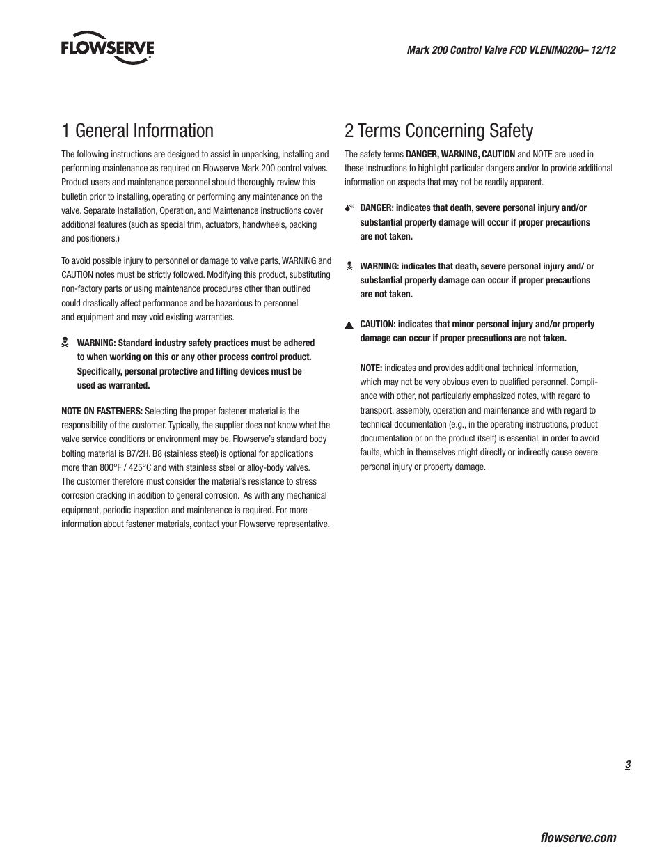 1 general information, 2 terms concerning safety | Flowserve Valtek Mark 200 User Manual | Page 3 / 20