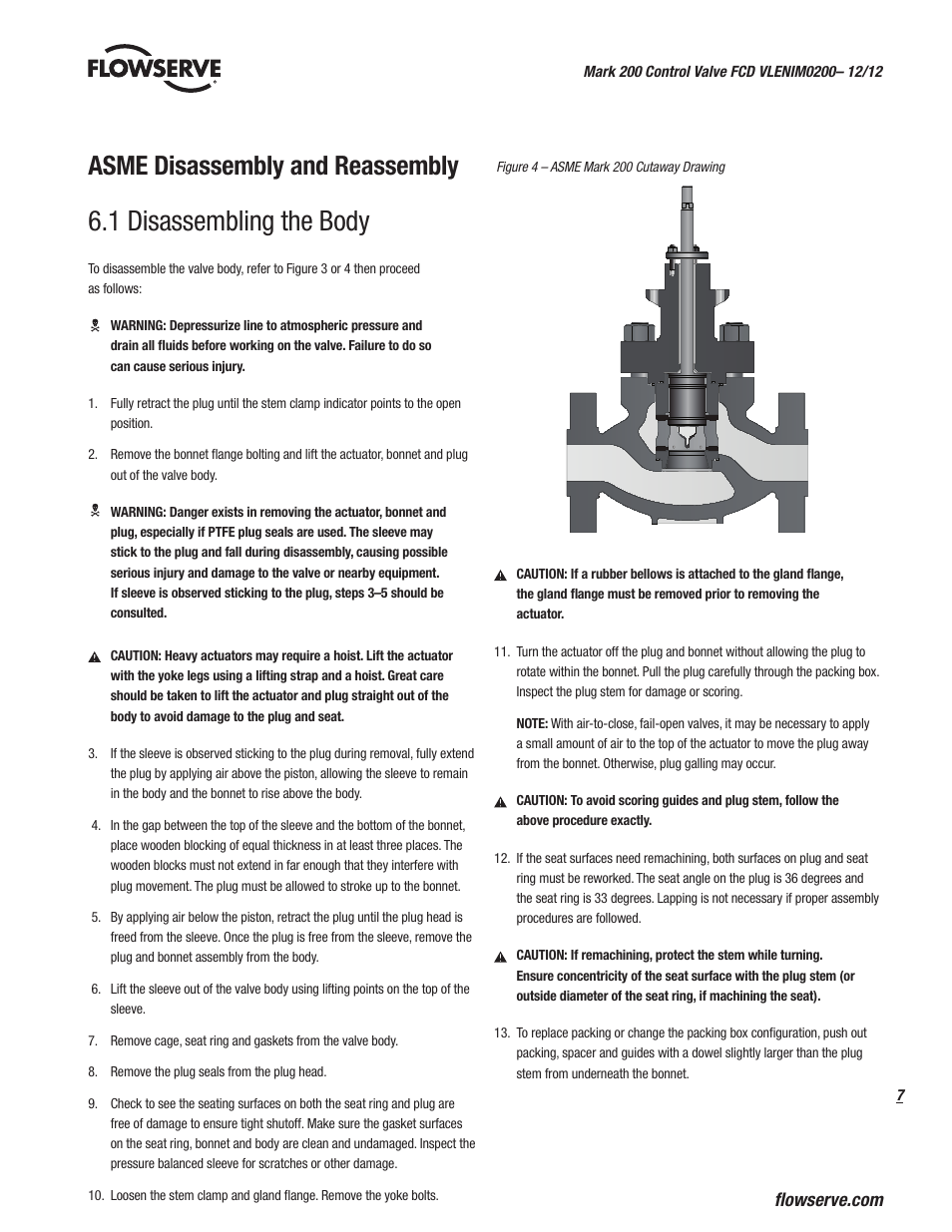 1 disassembling the body, Asme disassembly and reassembly | Flowserve Valtek Mark 200 User Manual | Page 7 / 20