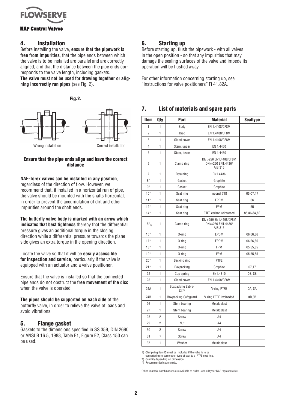 Installation, Flange gasket, Starting up | List of materials and spare parts | Flowserve Torex butterfly valves User Manual | Page 2 / 8