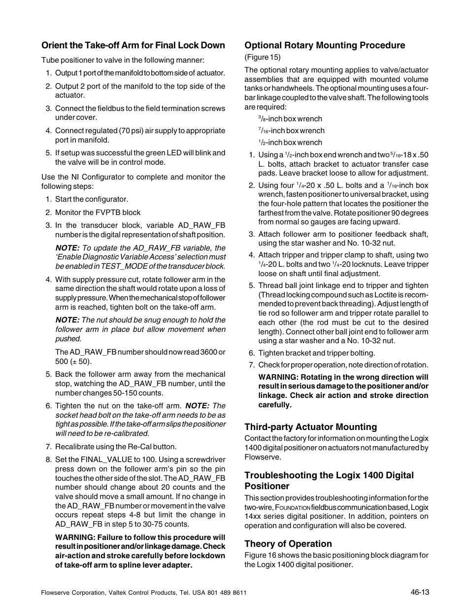 Third-party actuator mounting, Troubleshooting the logix 1400 digital positioner, Theory of operation | Orient the take-off arm for final lock down, Optional rotary mounting procedure | Flowserve 1400 Valtek Logix User Manual | Page 13 / 32