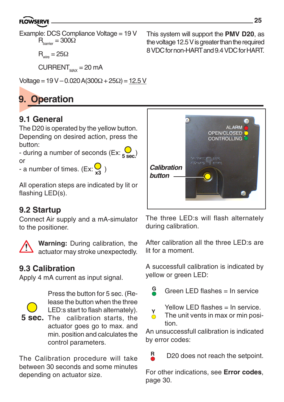 Operation, 1 general, 2 startup | 3 calibration, 5 sec | Flowserve PMV D20 User Manual | Page 25 / 34