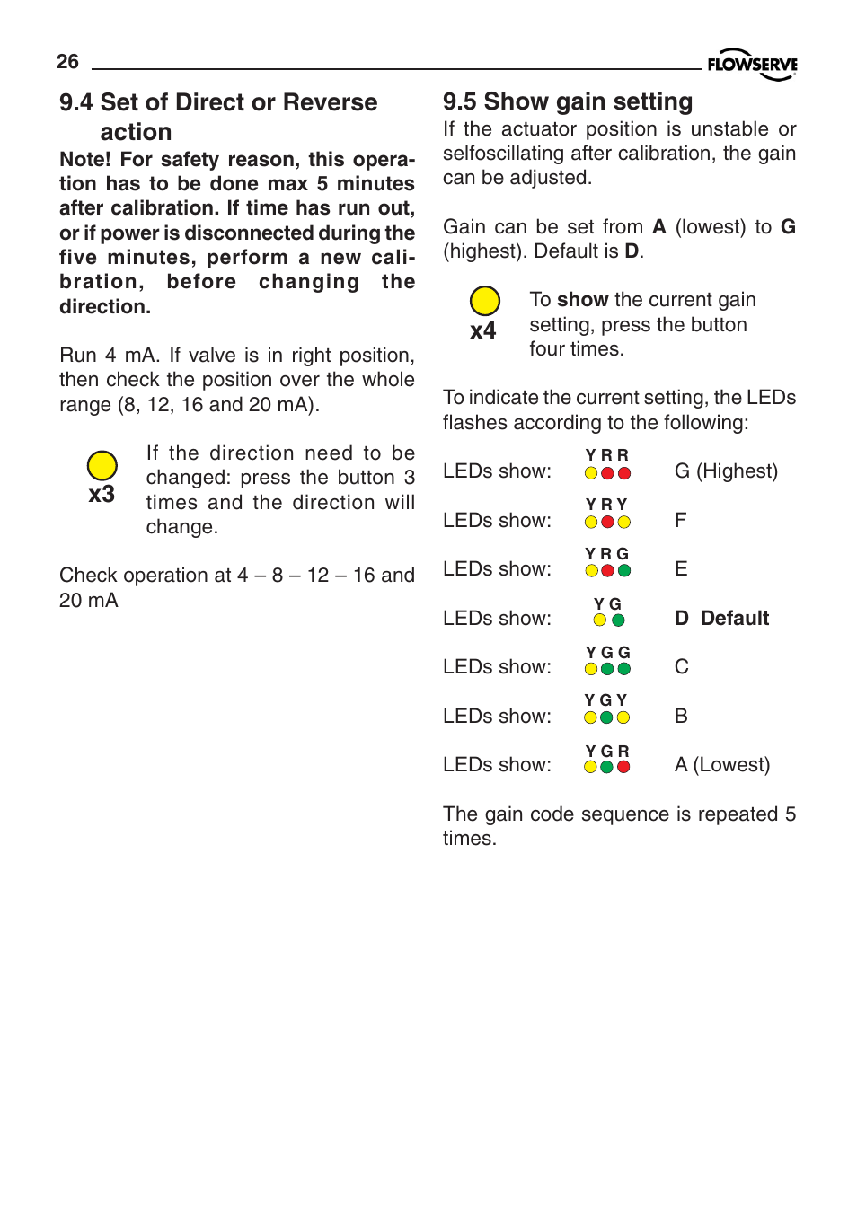 X3 9.4 set of direct or reverse action, 5 show gain setting | Flowserve PMV D20 User Manual | Page 26 / 34