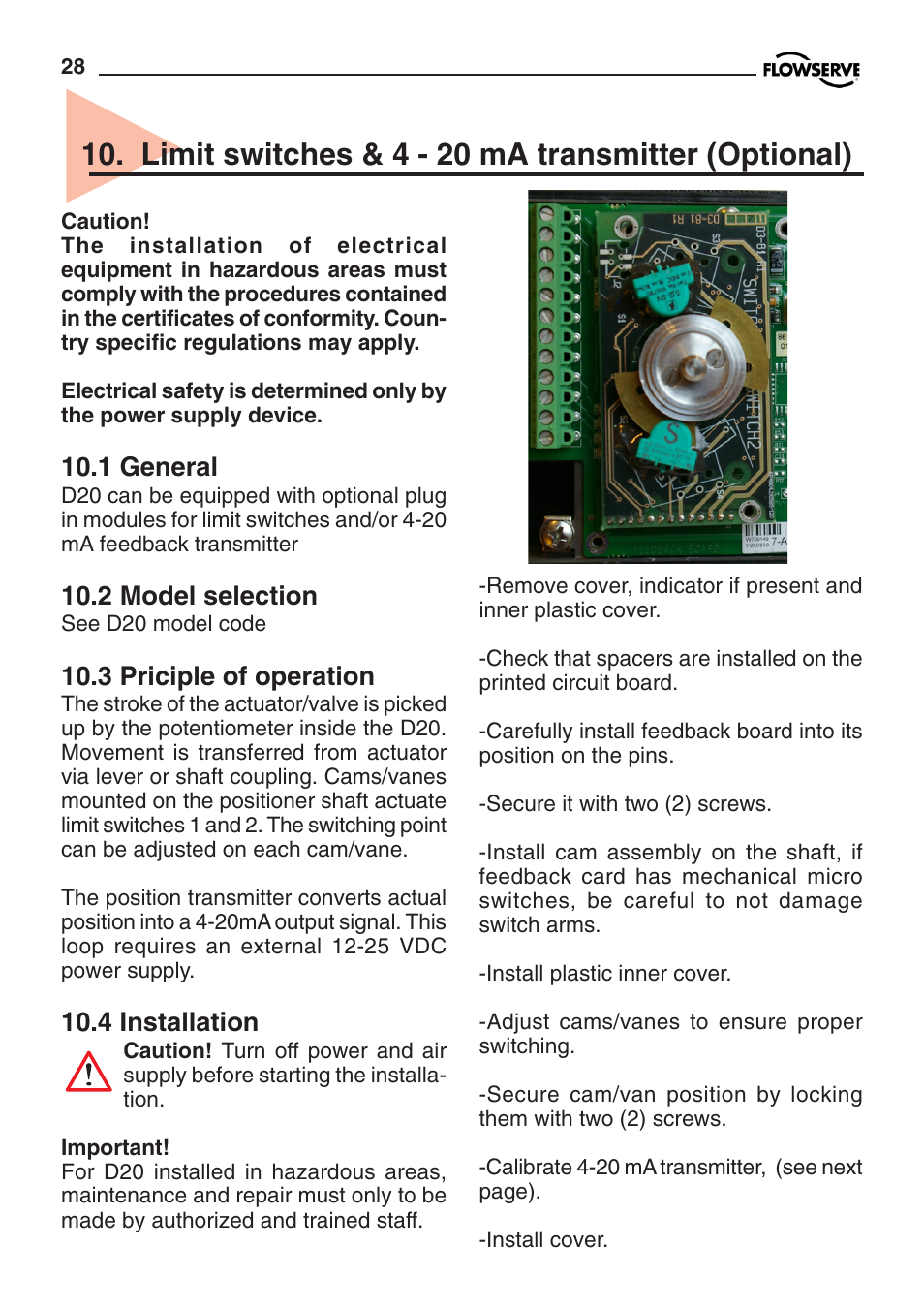 Limit switches & 4 - 20 ma transmitter (optional), 1 general, 2 model selection | 3 priciple of operation, 4 installation | Flowserve PMV D20 User Manual | Page 28 / 34