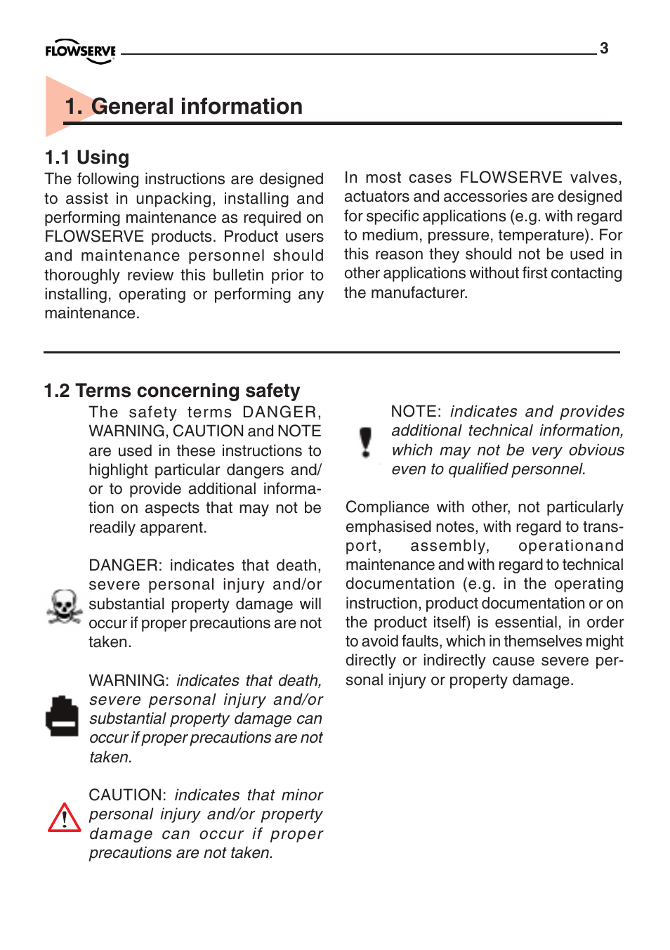 General information, 1 using, 2 terms concerning safety | Flowserve PMV D20 User Manual | Page 3 / 34