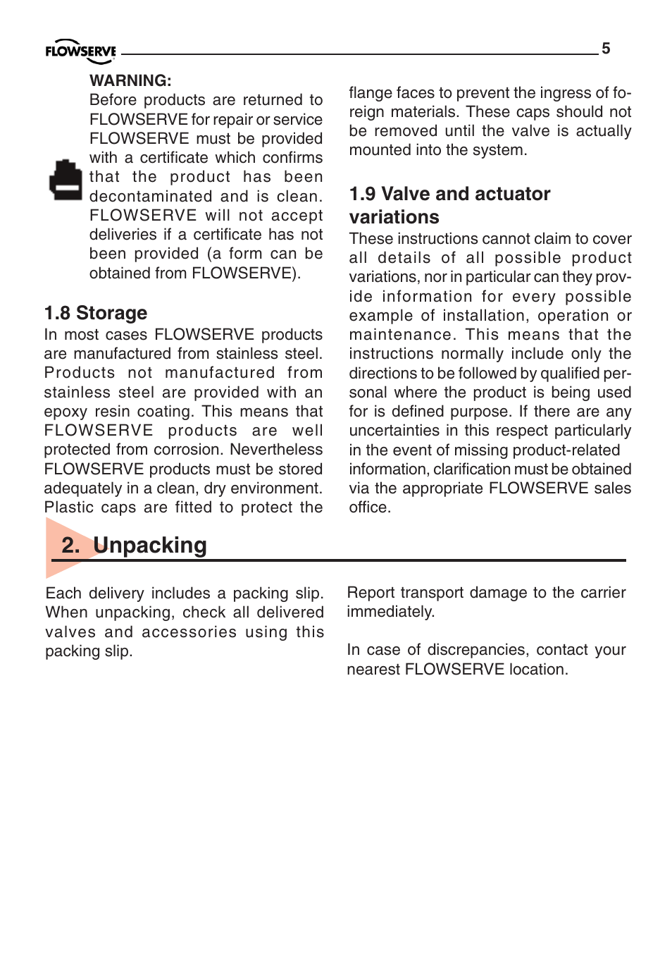 Unpacking | Flowserve PMV D20 User Manual | Page 5 / 34