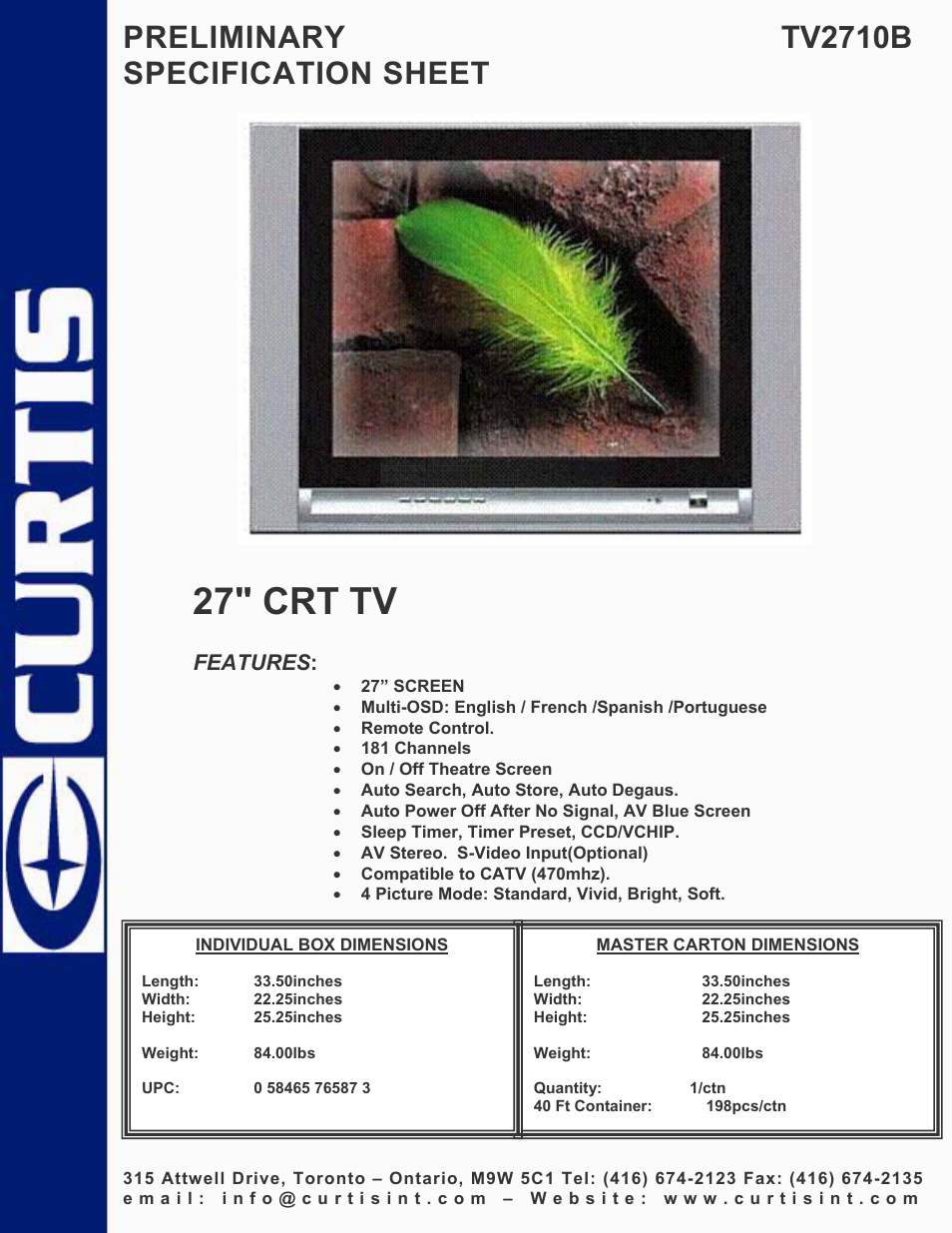 Curtis TV2710B User Manual | 1 page