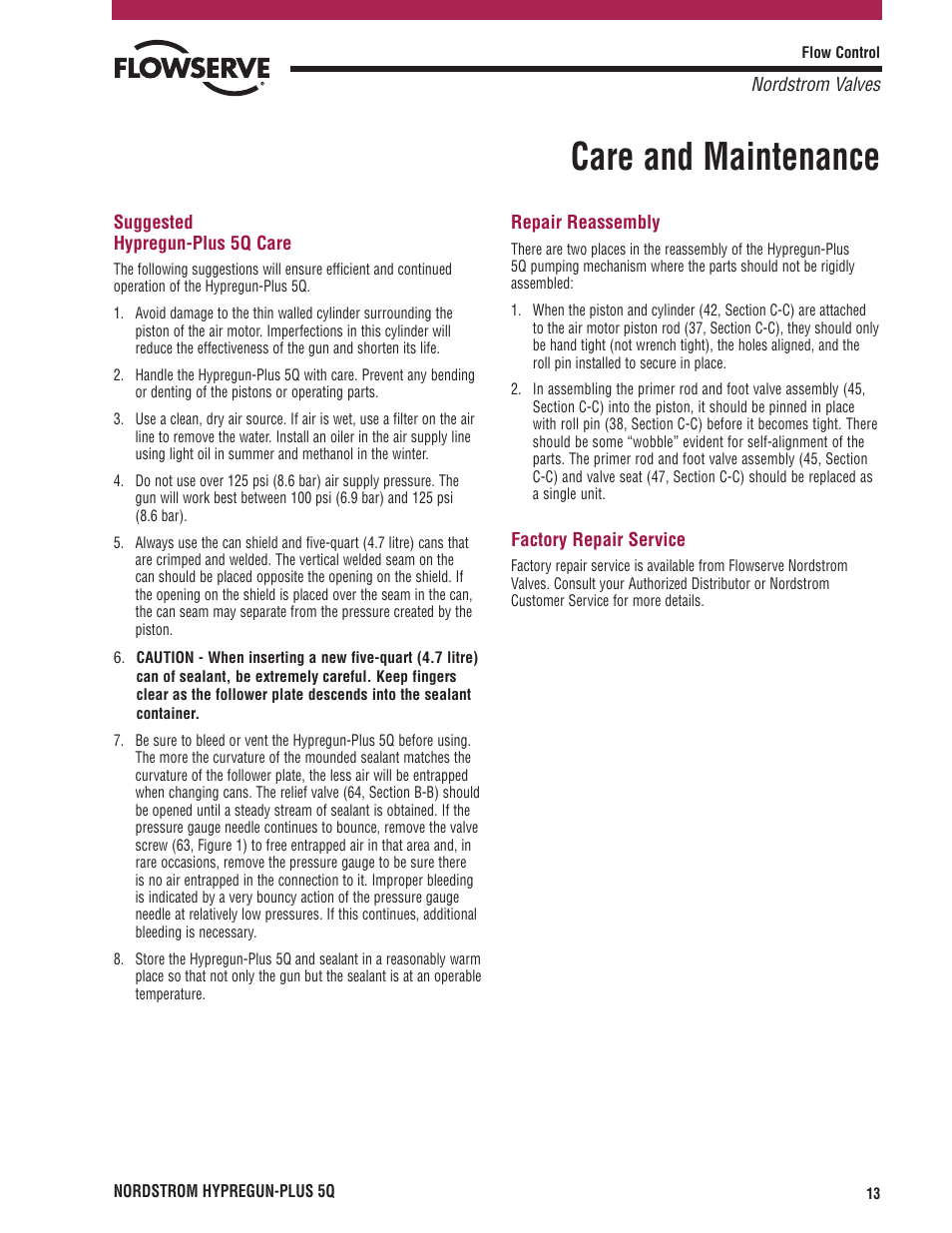 Care and maintenance | Flowserve PLUS 5Q User Manual | Page 13 / 16