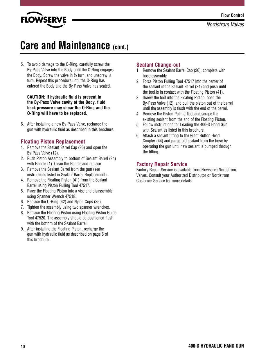 Care and maintenance, Cont.) | Flowserve 400-D User Manual | Page 10 / 12