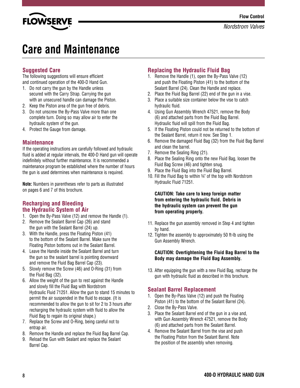 Care and maintenance | Flowserve 400-D User Manual | Page 8 / 12