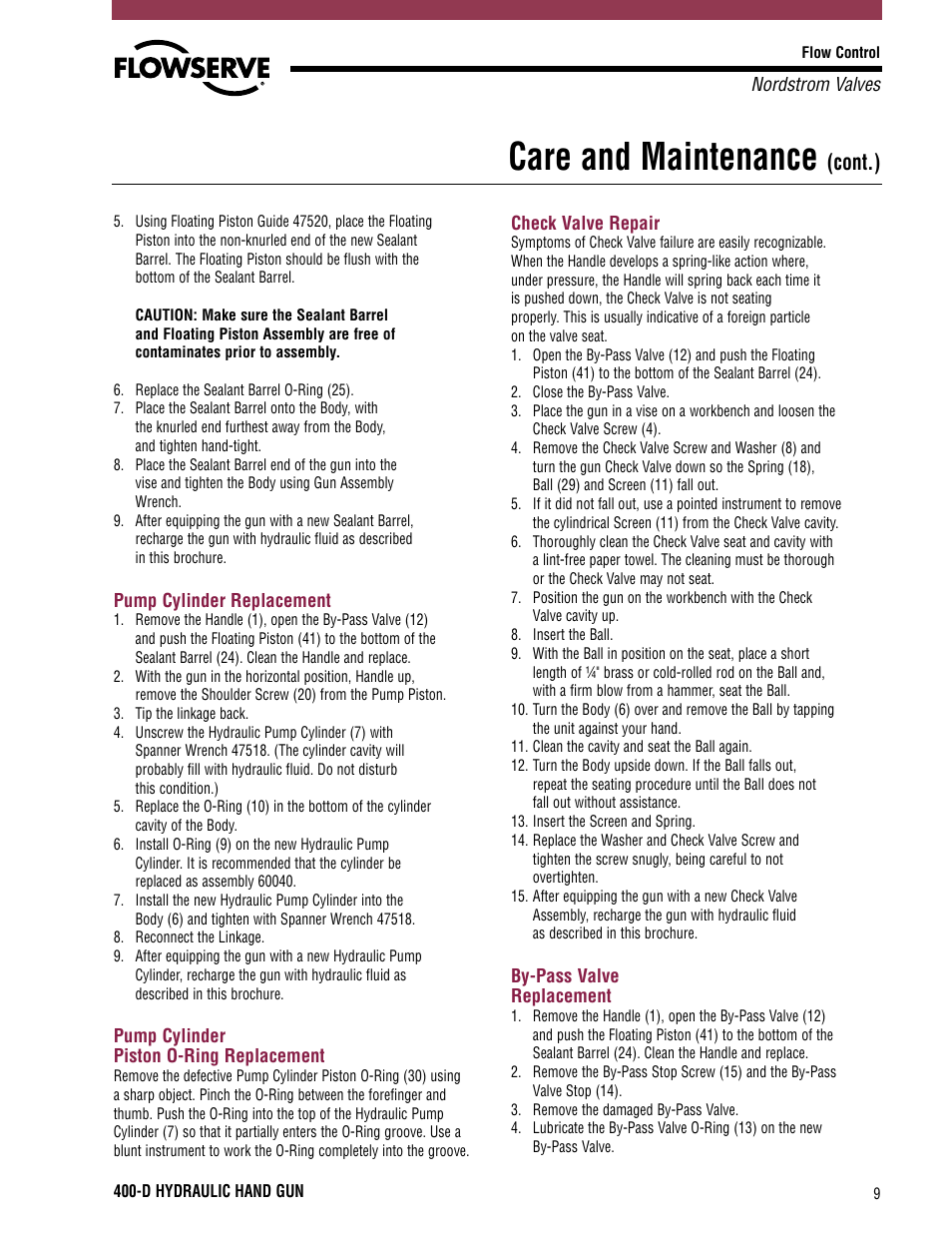 Care and maintenance, Cont.) | Flowserve 400-D User Manual | Page 9 / 12