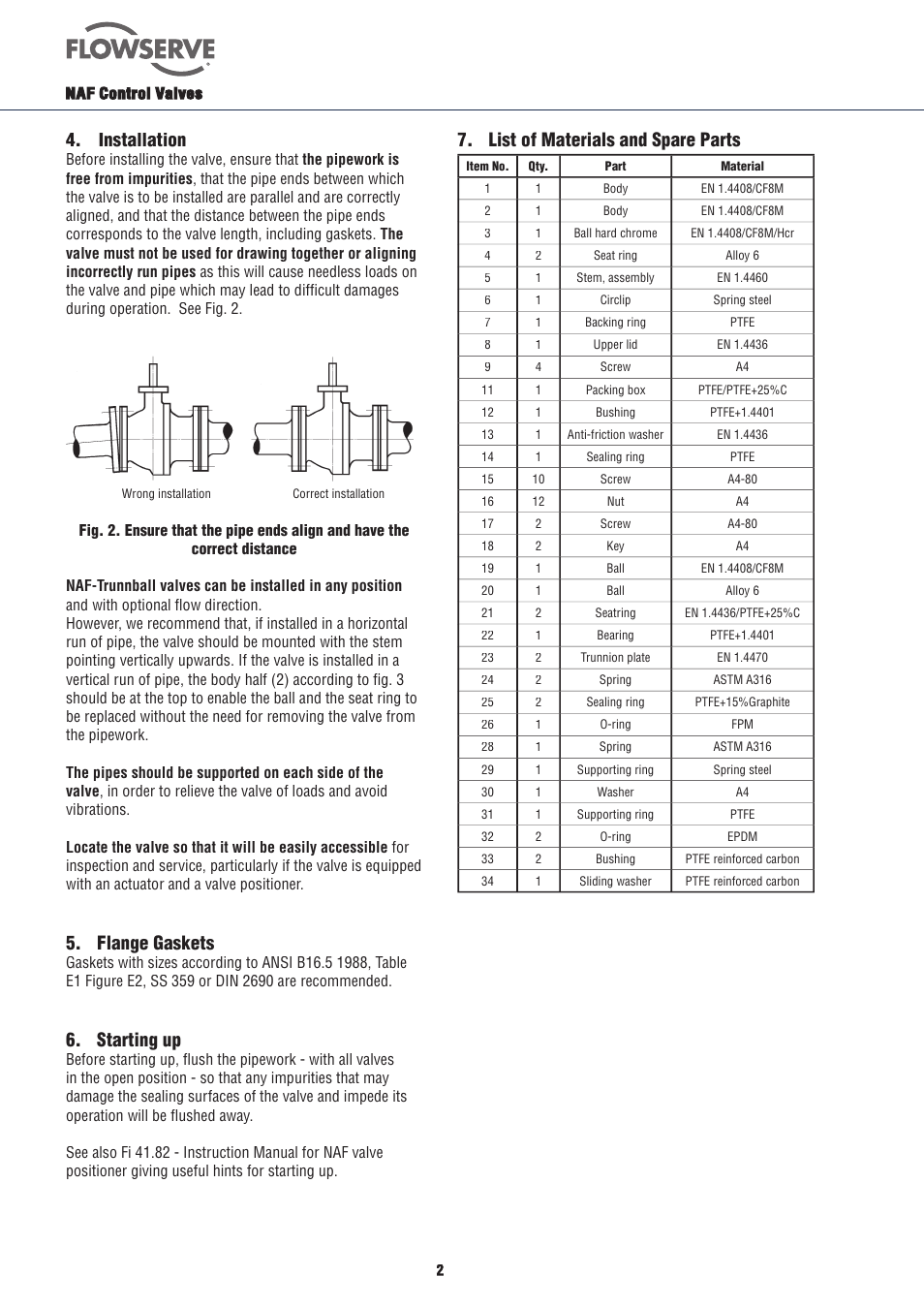 Installation, Flange gaskets, Starting up | List of materials and spare parts | Flowserve Trunnball User Manual | Page 2 / 8