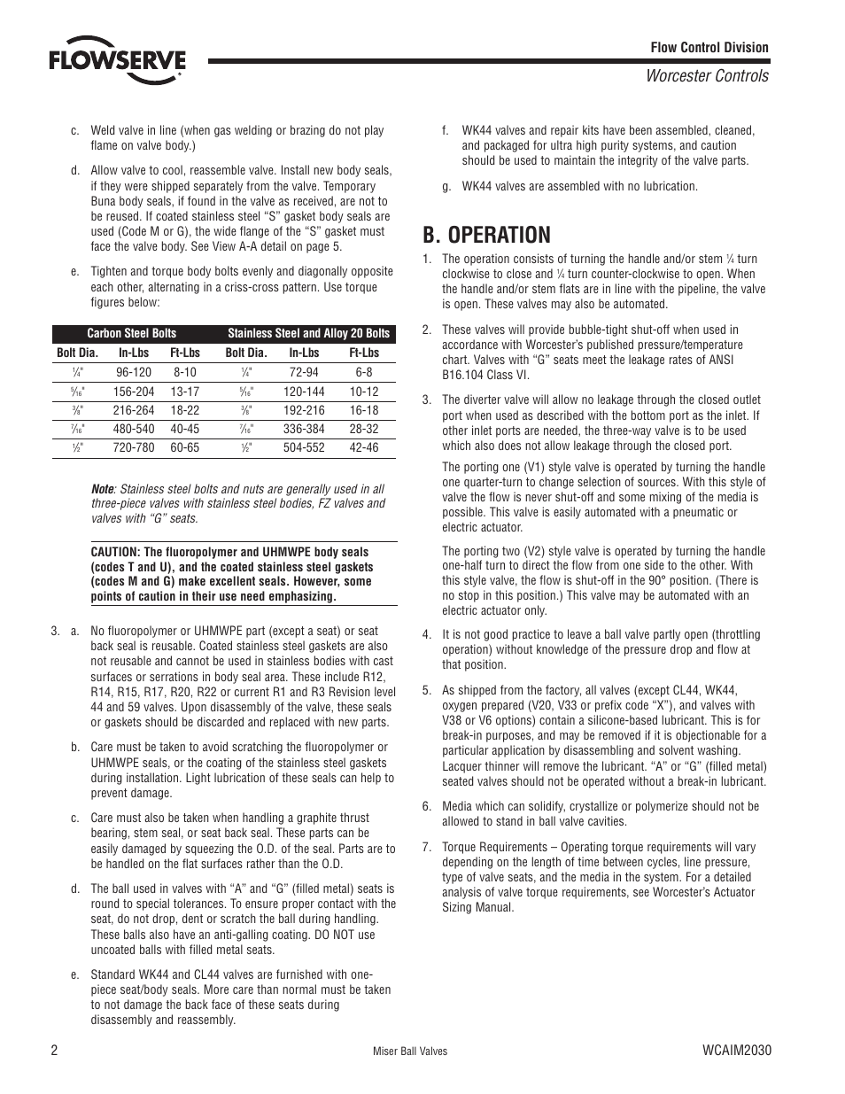 B. operation, Worcester controls | Flowserve Worcester Controls Miser Ball Valves User Manual | Page 2 / 8