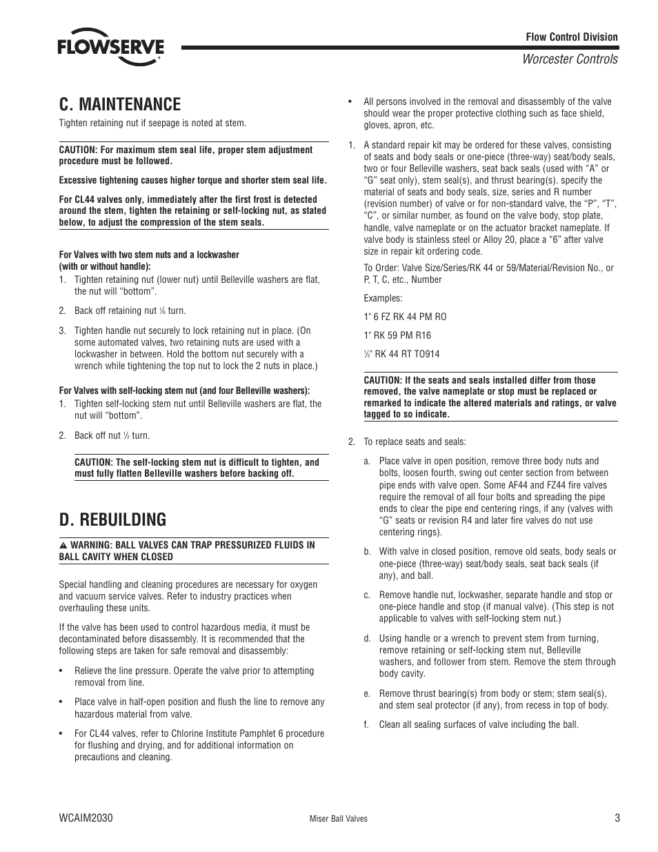 C. maintenance, D. rebuilding, Worcester controls | Flowserve Worcester Controls Miser Ball Valves User Manual | Page 3 / 8