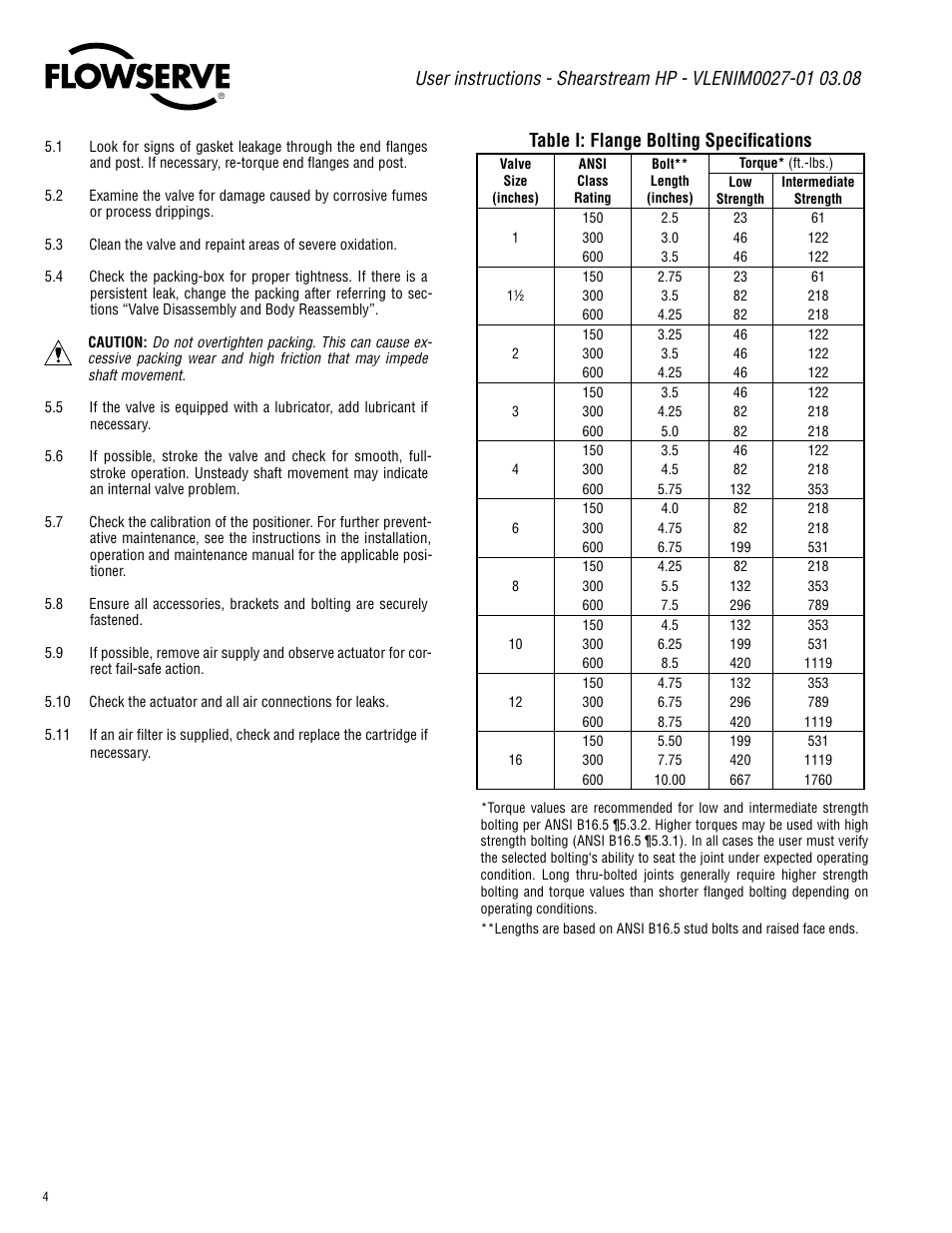 Table i: flange bolting specifications | Flowserve Valtek ShearStream HP Control Valves User Manual | Page 4 / 12