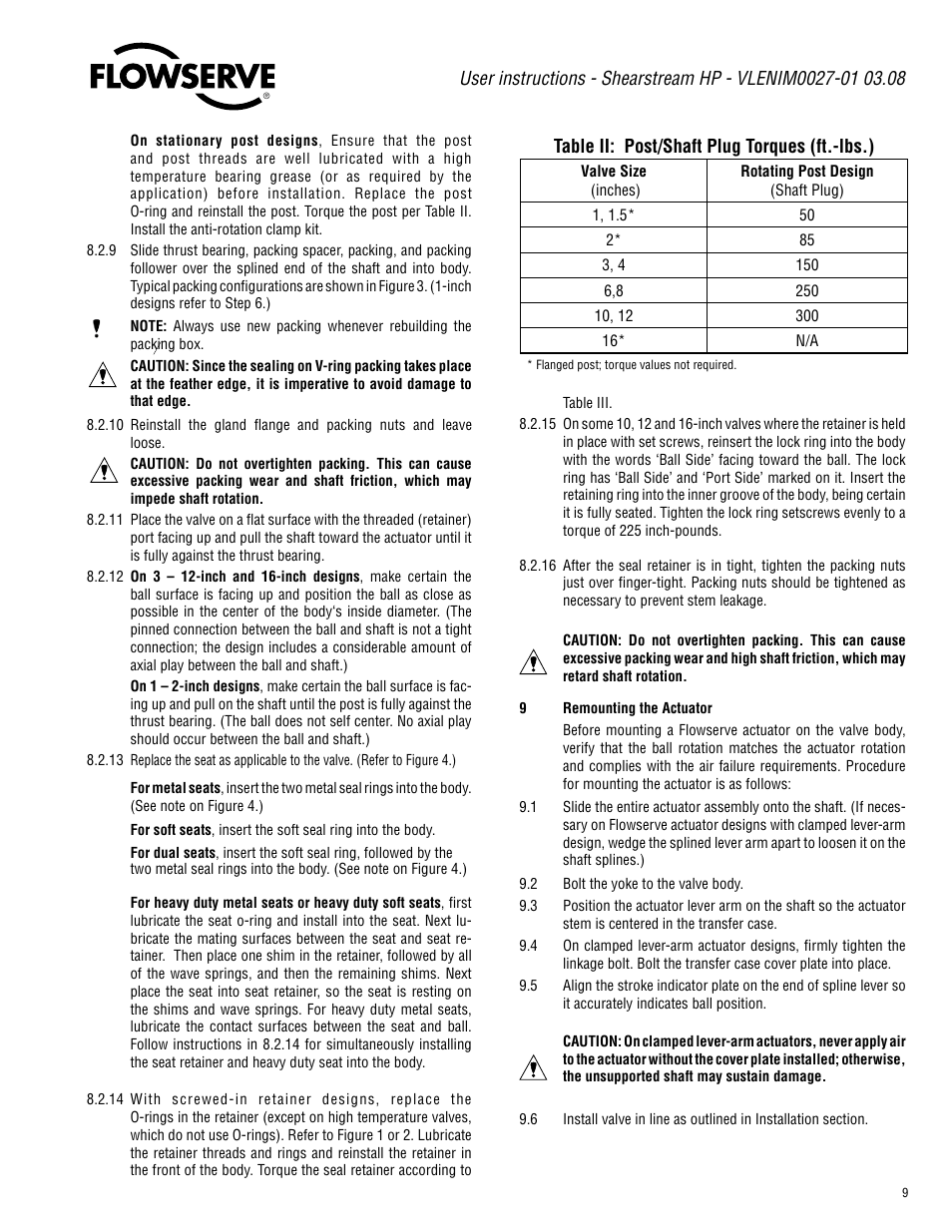 Table ii: post/shaft plug torques (ft.-lbs.) | Flowserve Valtek ShearStream HP Control Valves User Manual | Page 9 / 12