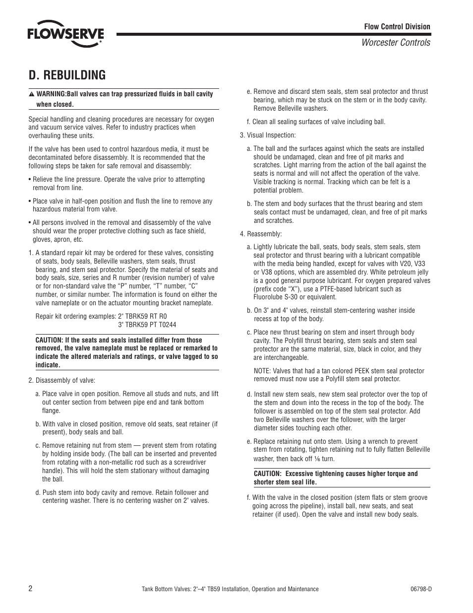 D. rebuilding, Worcester controls | Flowserve TB59 User Manual | Page 2 / 4