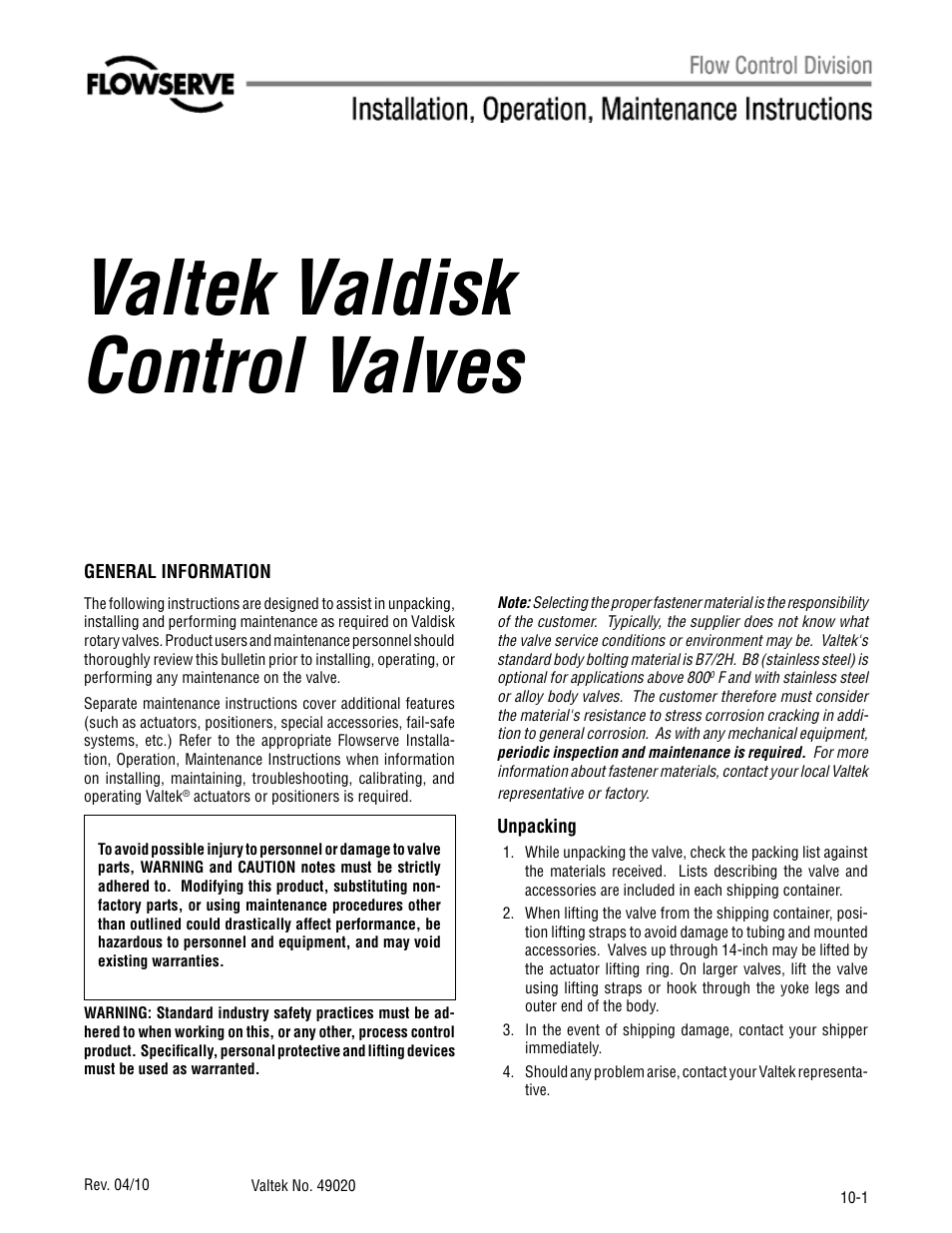Flowserve Valtek Valdisk Control Valves User Manual | 8 pages