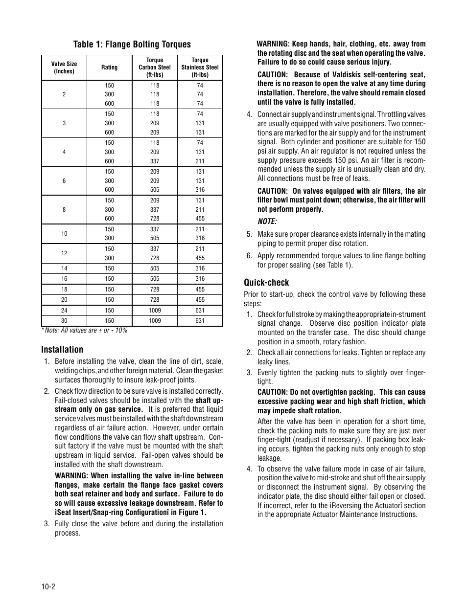 Quick-check, Table 1: flange bolting torques, Installation | Flowserve Valtek Valdisk Control Valves User Manual | Page 2 / 8