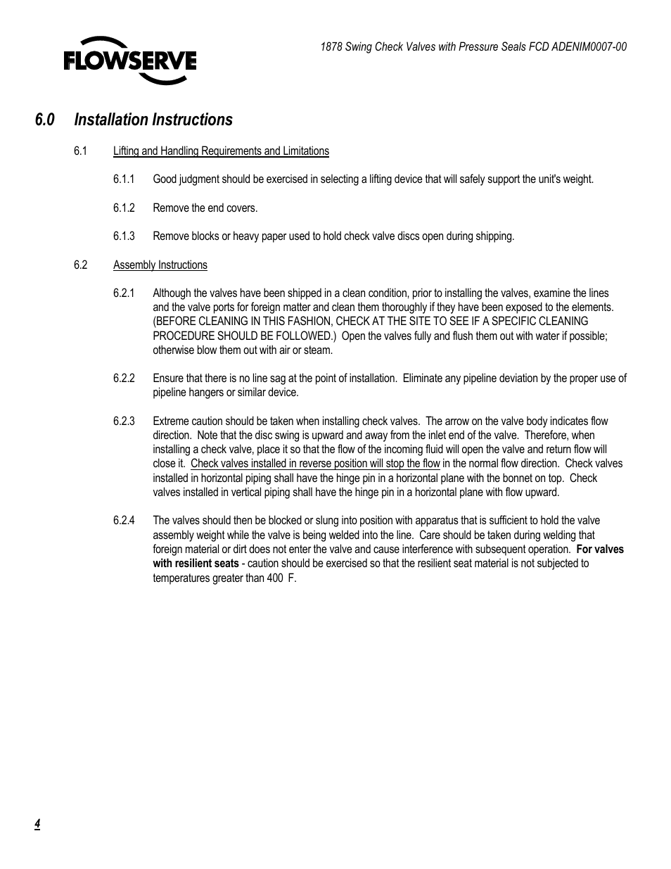 0 installation instructions | Flowserve 1878 Swing Check Valves with Pressure Seal User Manual | Page 4 / 14
