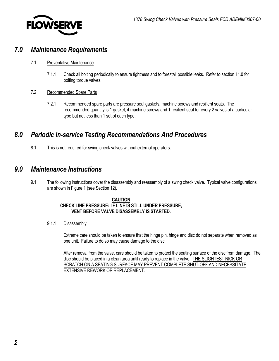 0 maintenance requirements, 0 maintenance instructions | Flowserve 1878 Swing Check Valves with Pressure Seal User Manual | Page 5 / 14