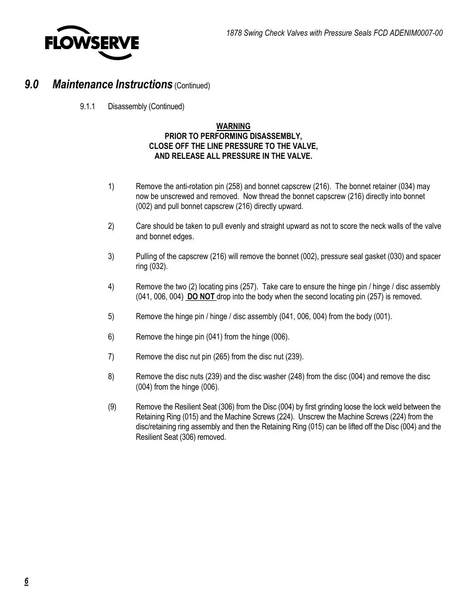 0 maintenance instructions | Flowserve 1878 Swing Check Valves with Pressure Seal User Manual | Page 6 / 14