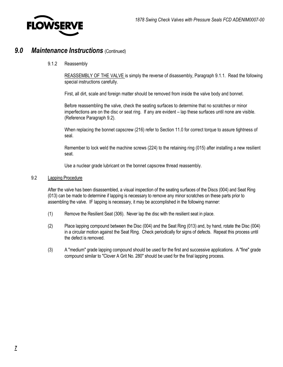 0 maintenance instructions | Flowserve 1878 Swing Check Valves with Pressure Seal User Manual | Page 7 / 14