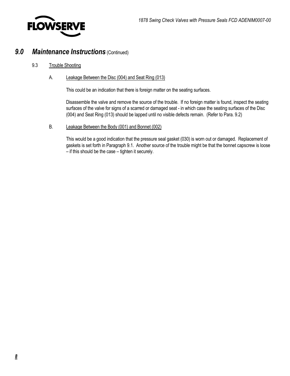 0 maintenance instructions | Flowserve 1878 Swing Check Valves with Pressure Seal User Manual | Page 8 / 14