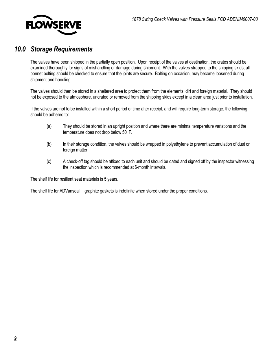 0 storage requirements | Flowserve 1878 Swing Check Valves with Pressure Seal User Manual | Page 9 / 14