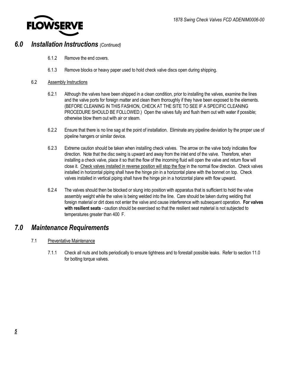 0 installation instructions, 0 maintenance requirements | Flowserve 1878 Swing Check Valve User Manual | Page 5 / 14