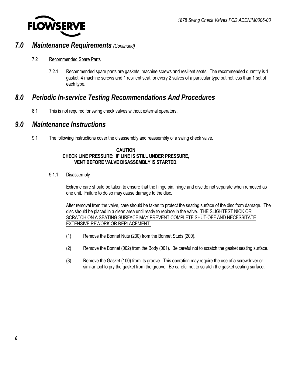 0 maintenance requirements, 0 maintenance instructions | Flowserve 1878 Swing Check Valve User Manual | Page 6 / 14