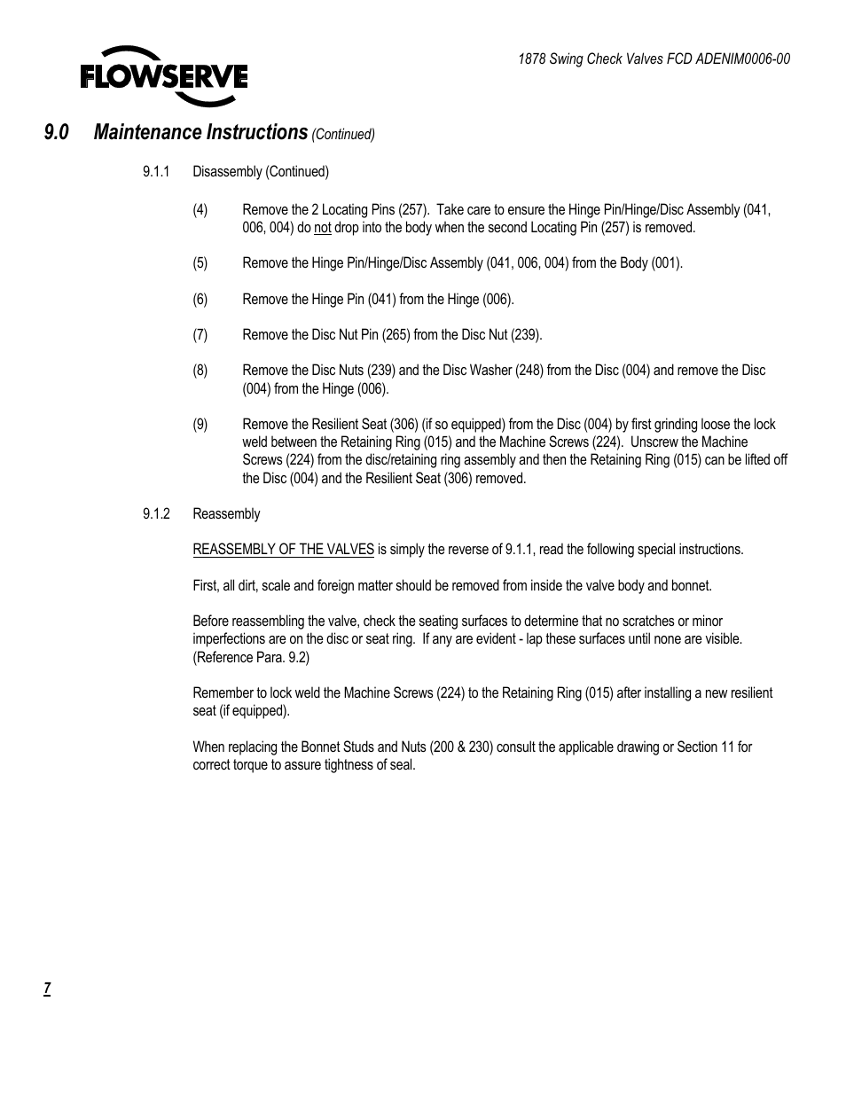 0 maintenance instructions | Flowserve 1878 Swing Check Valve User Manual | Page 7 / 14