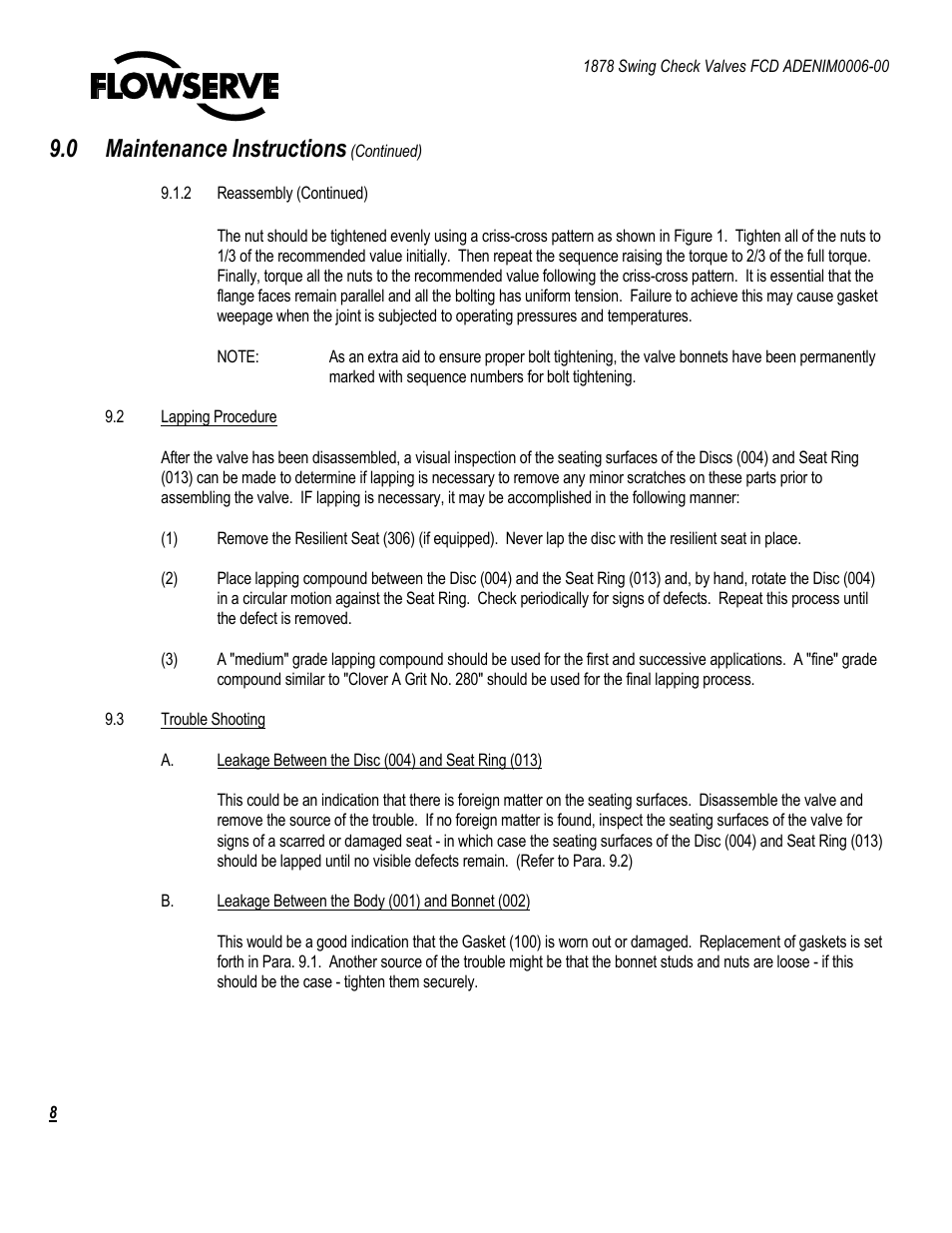 0 maintenance instructions | Flowserve 1878 Swing Check Valve User Manual | Page 8 / 14