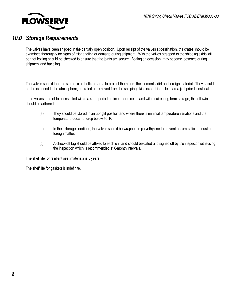 0 storage requirements | Flowserve 1878 Swing Check Valve User Manual | Page 9 / 14