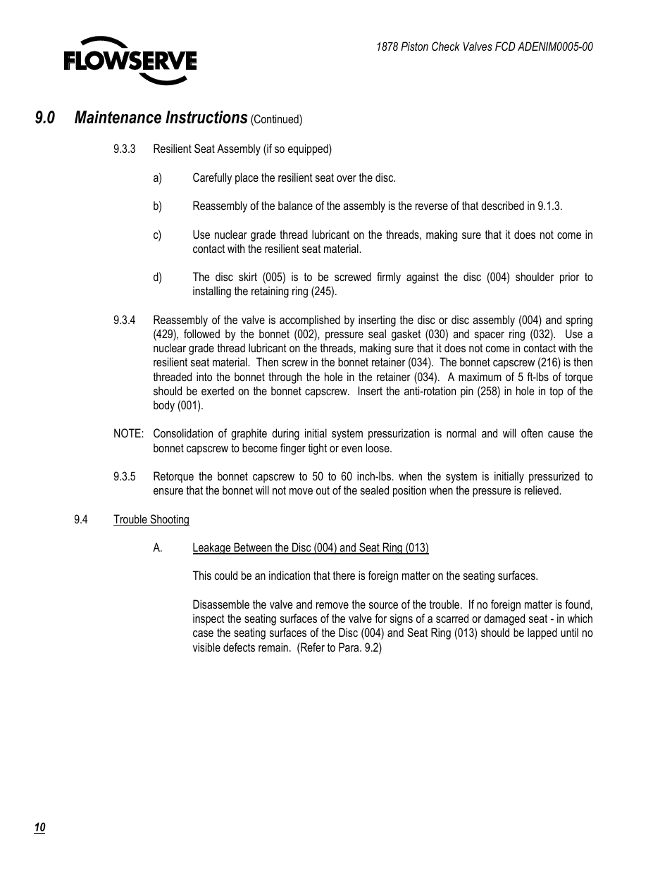 0 maintenance instructions | Flowserve 1878 Piston Check Valve User Manual | Page 10 / 17