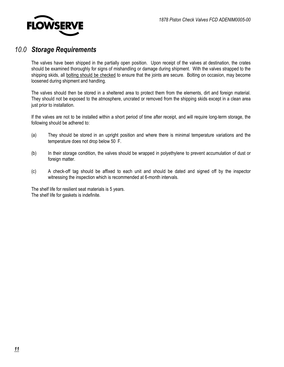 0 storage requirements | Flowserve 1878 Piston Check Valve User Manual | Page 11 / 17