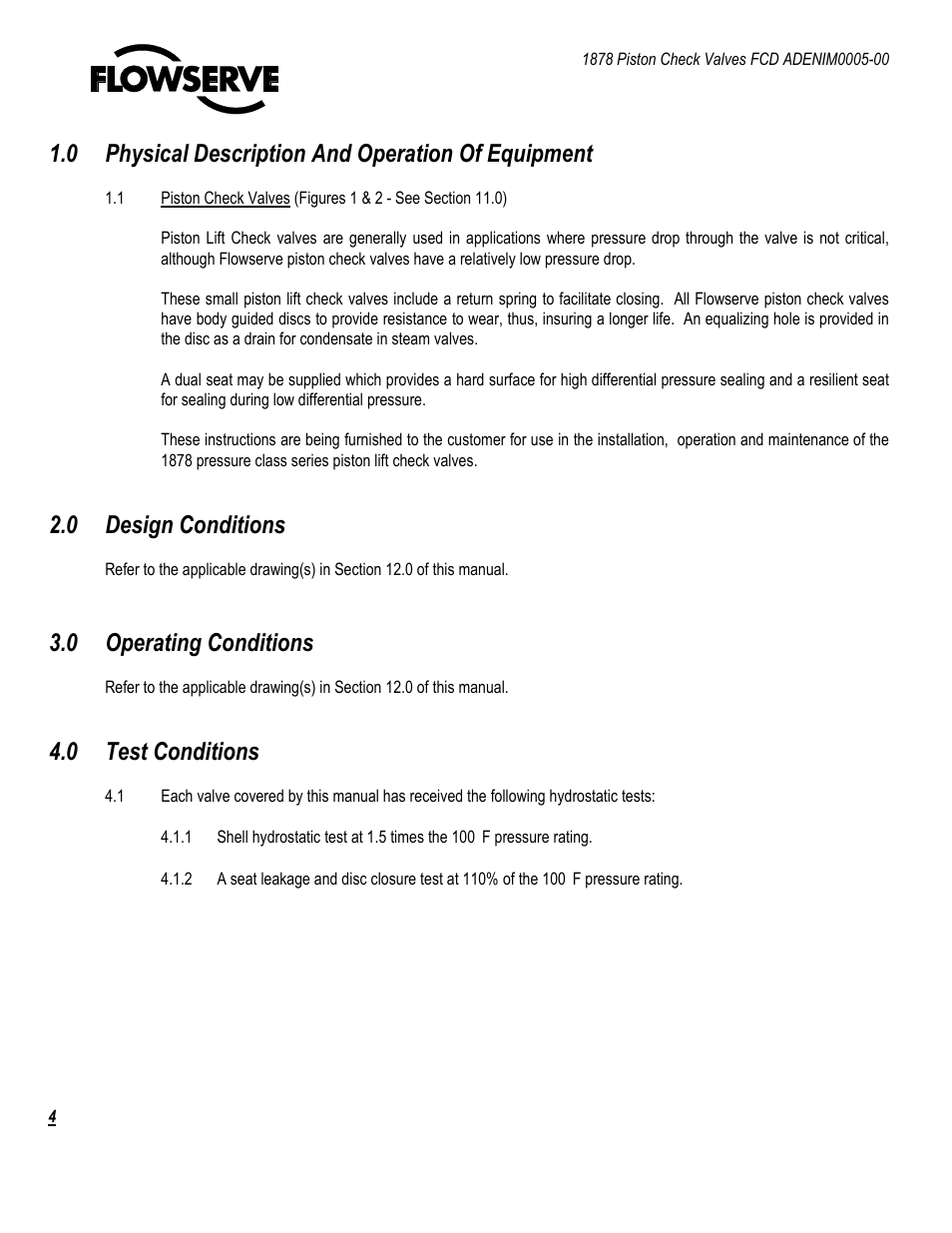 Physical description and operation of equipment, 0 design conditions, 0 operating conditions | 0 test conditions | Flowserve 1878 Piston Check Valve User Manual | Page 4 / 17