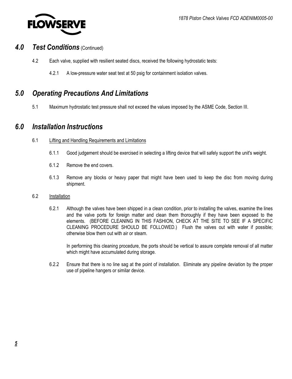 0 test conditions, 0 operating precautions and limitations, 0 installation instructions | Flowserve 1878 Piston Check Valve User Manual | Page 5 / 17
