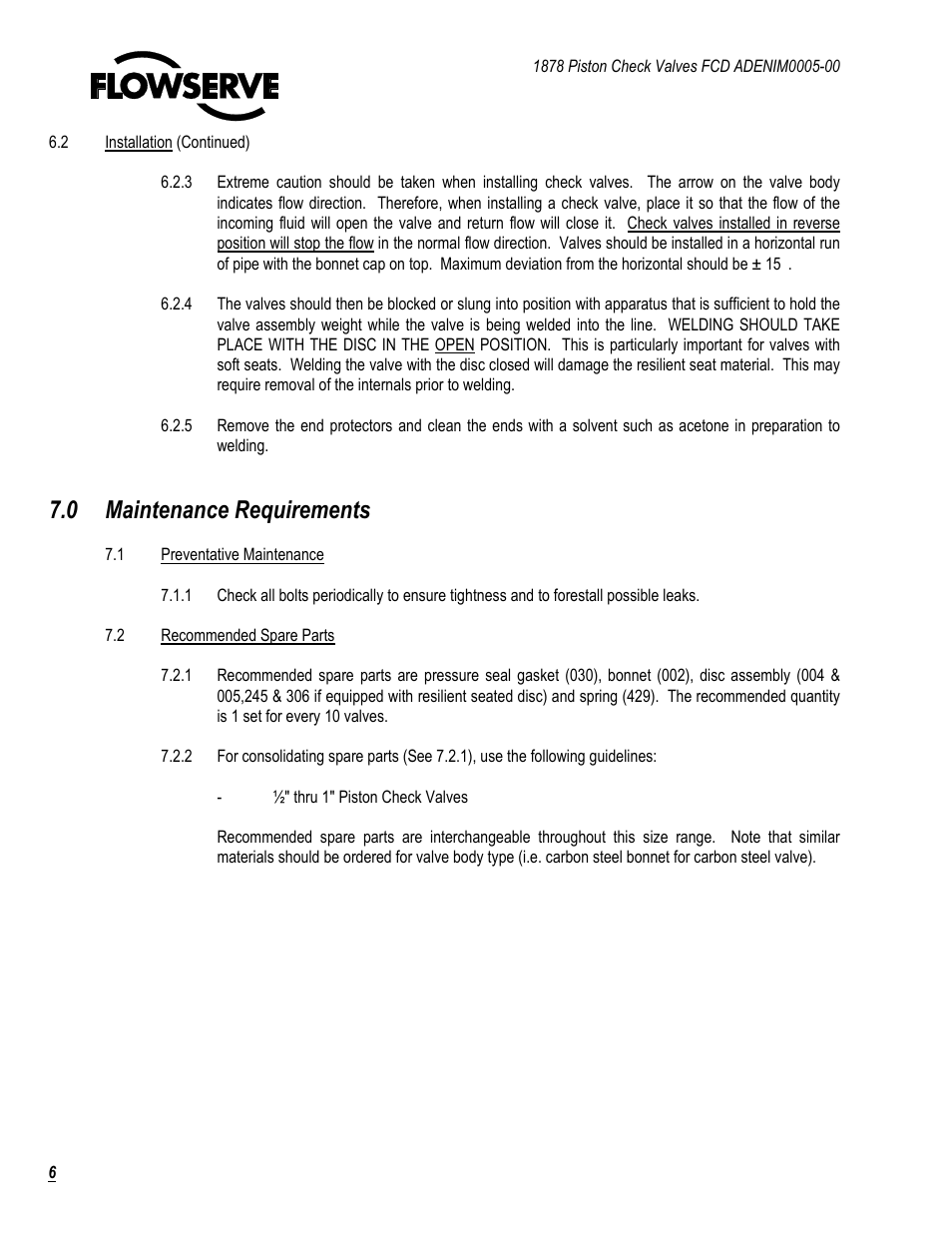 0 maintenance requirements | Flowserve 1878 Piston Check Valve User Manual | Page 6 / 17