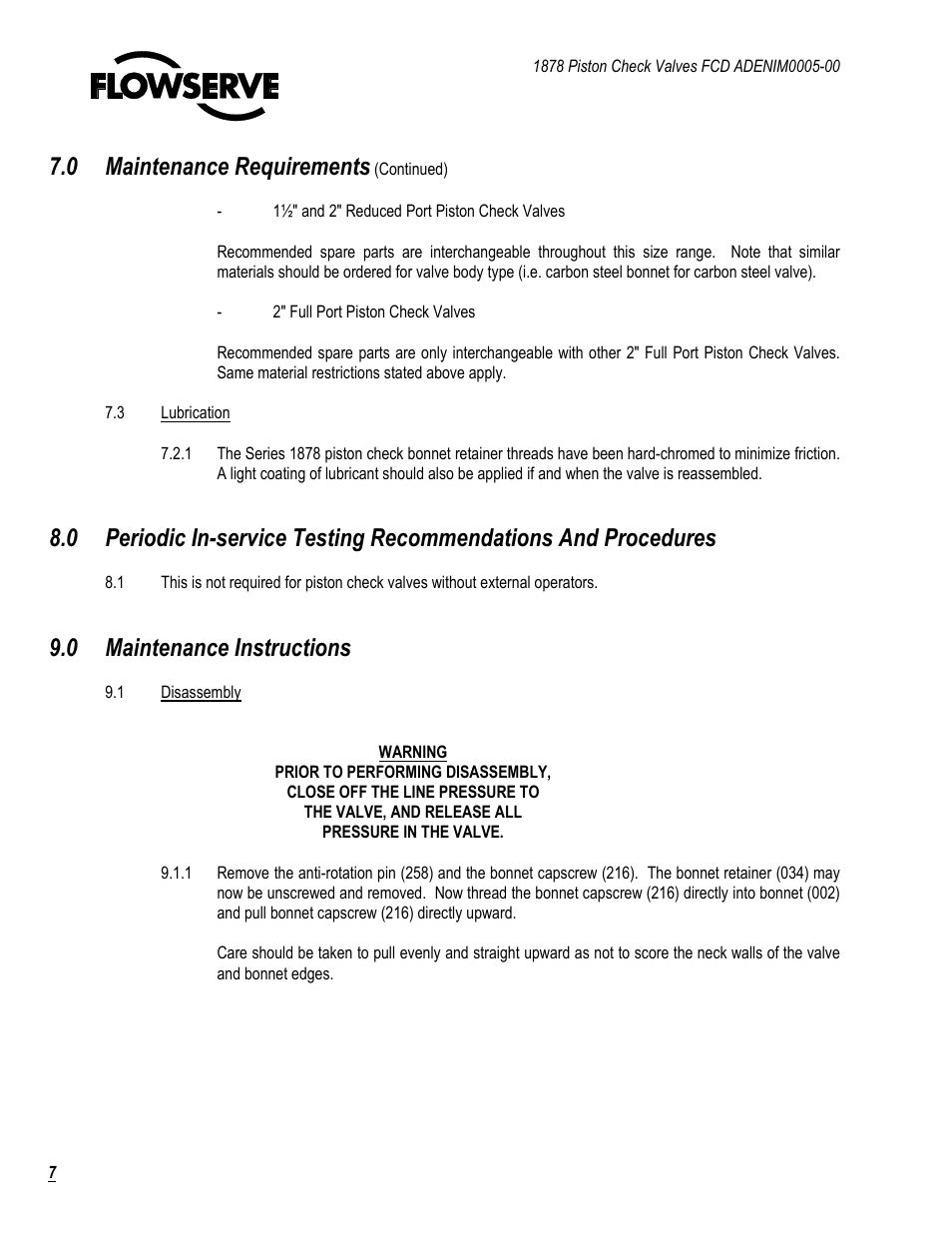 0 maintenance requirements, 0 maintenance instructions | Flowserve 1878 Piston Check Valve User Manual | Page 7 / 17