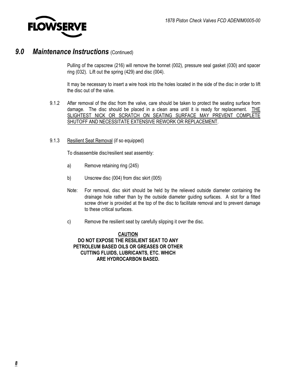 0 maintenance instructions | Flowserve 1878 Piston Check Valve User Manual | Page 8 / 17