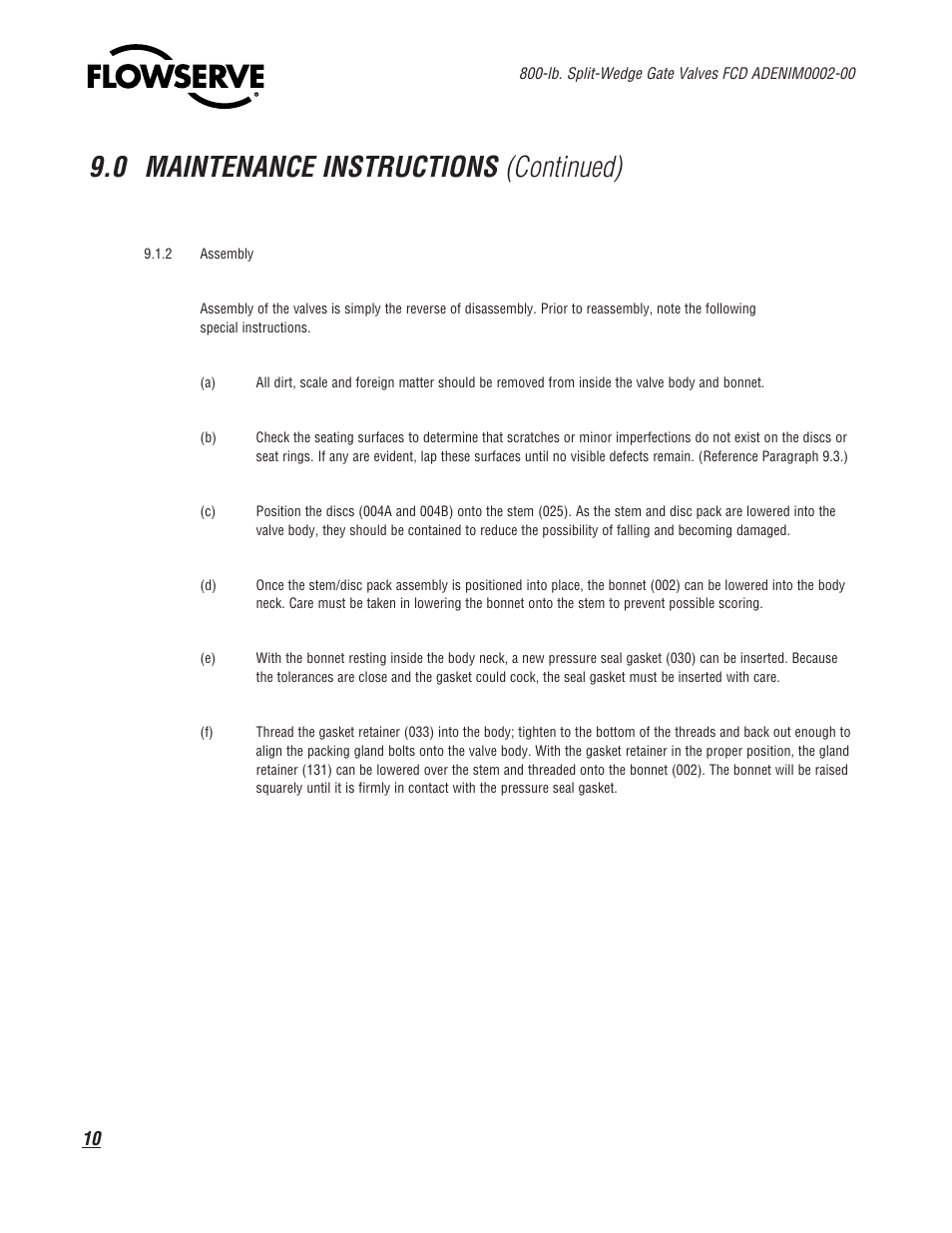 0 maintenance instructions (continued) | Flowserve 800 Split-Wedge Gate Valve User Manual | Page 10 / 20