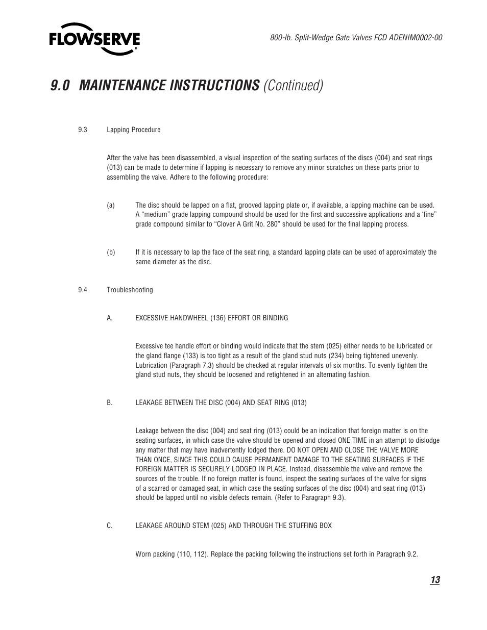 0 maintenance instructions (continued) | Flowserve 800 Split-Wedge Gate Valve User Manual | Page 13 / 20